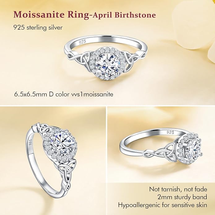 DAYBYDAY Celtic Birthstone Rings for Women 925 Sterling Silver Heart/Round/Pear/Oval Created Gemstone Moissanite Halo Engagement Promise Rings for Her Wife Birthday Anniversary Wedding Jewelry