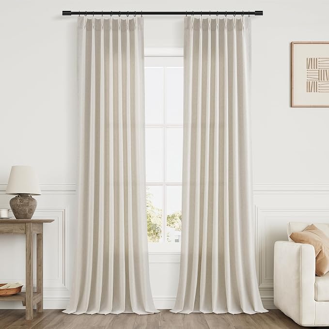 Aersas Vanilla Pleated Linen Curtains 108 Inches Long for Living Room 2 Panels Set Natural Pleat Drapes Back Tab Semi Sheer Neutral Boho Ceiling to Floor Window Curtain for Bedroom 9 FT