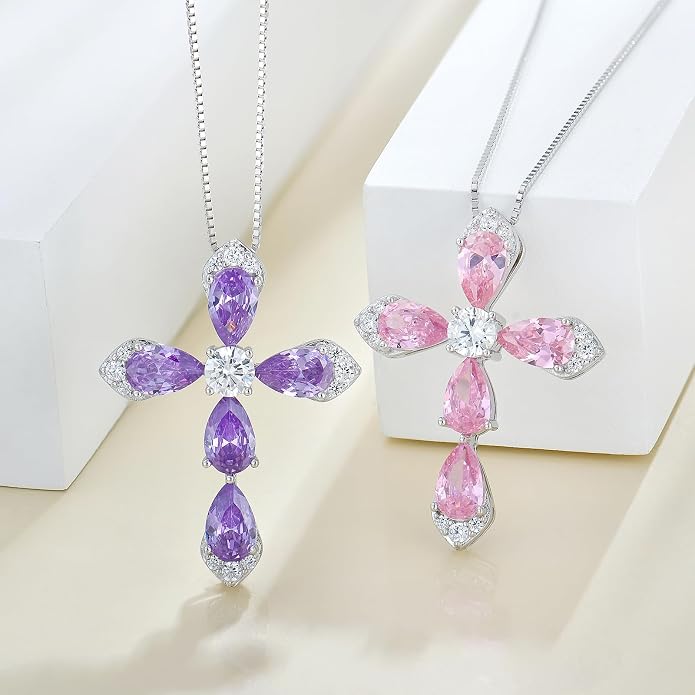 STARCHENIE Sterling Silver Cross Necklace for Women Crucifix Pendant with Birthstone Dainty Religious Jewelry Gift for Her, 18 Inch Chain