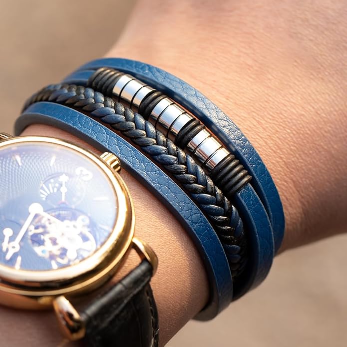 Mens Leather Bracelet Multi Layer – Braided Black Wristband with Stainless Steel Clasp, Minimalist Stylish Jewelry for Men, Everyday Wear Brown Black Blue