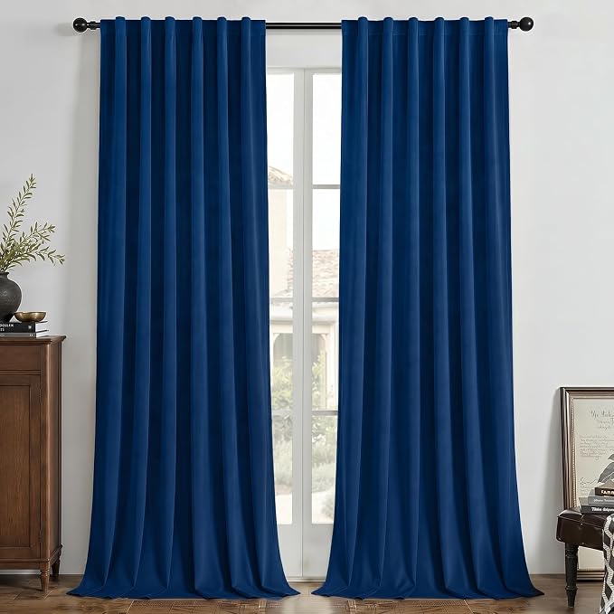 Joydeco 100% Blackout Velvet Curtains Royal Blue 72 Inch Back Tab | Luxury Thermal Insulated Velvet Curtains for Bedroom Living Room, Soundproof Blackout Window Drapes