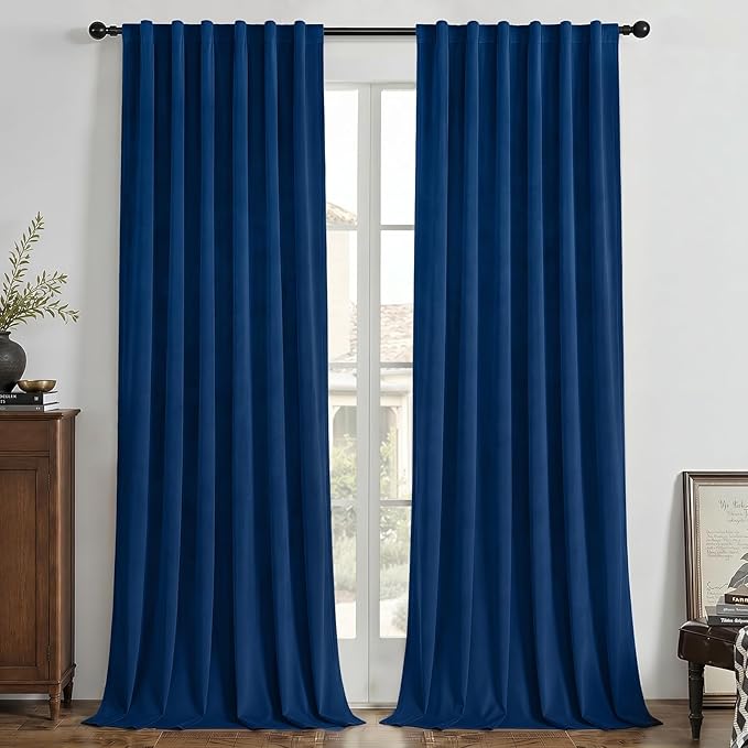 Joydeco 100% Blackout Velvet Curtains Royal Blue 120 Inch Back Tab | Luxury Thermal Insulated Velvet Curtains for Bedroom Living Room, Soundproof Blackout Window Drapes