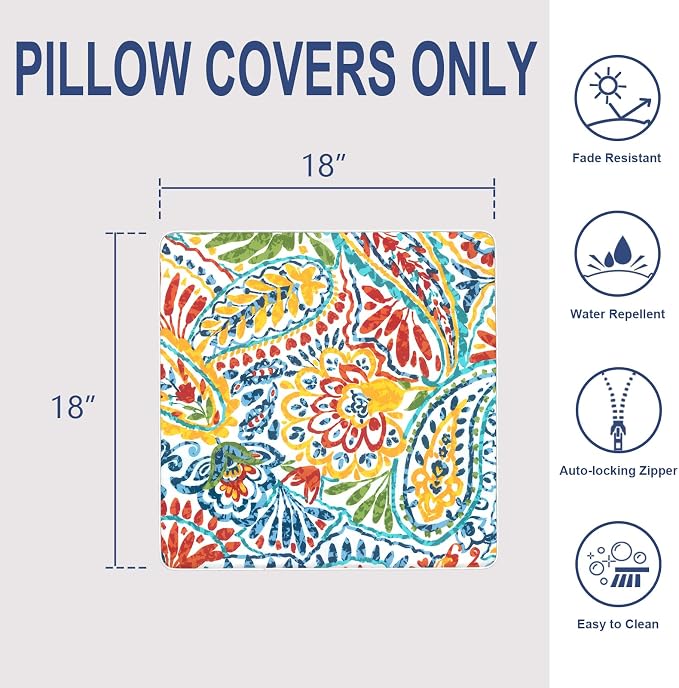 Outdoor Throw Pillow Covers Pack of 2, Decorative Water Repellent Square Pillow Cases with Piping 18x18 Inch, Paisley Multi