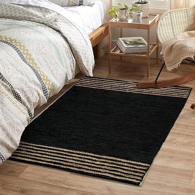 GRUHUM Black Jute Area Rug 4x6 ft - Natural Fiber Rectangular Black Leather Handwoven Boho Farmhouse Soft Braided Vintage Rustic Eco Friendly Rugs Indoor Living Room Kitchen Hallways Enterways 4x6ft