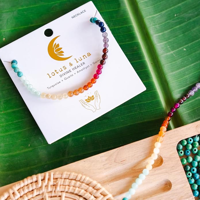 Lotus and Luna 7 Chakra Necklace for Women - Healing Crystal Necklace with Genuine Stones (Master Healer) to Bring Balance and Healing to Mind and Body - Handmade Jewelry Gift