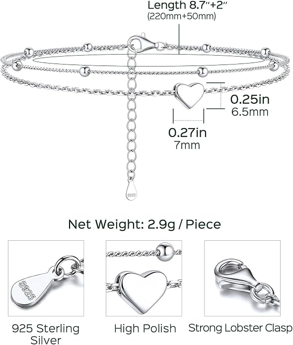 ChicSilver Sterling Silver Anklets for Women 925 Ankle Bracelets for Women Layered Heart Anklet With Beaded Anklets for Women