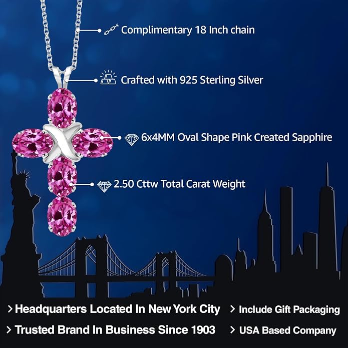 Gem Stone King Cross Pendant Necklace for Women | 925 Sterling Silver | 6X4MM Gemstone Birthstone | Jesus Christian Religious Crucifix Jewelry Gifts | 18 Inch Chain