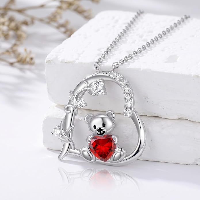 PELOVNY Teddy Bear Necklace for Women 925 Sterling Silver Bear/Highland Cow/Fox/Cat/Axolotl Birthstone Necklace Christmas Birthday Jewelry Gifts for Mom Daughter Wife Sister