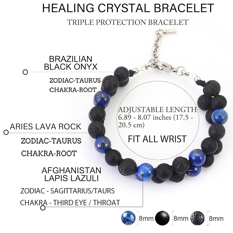 Mens Crystal Bracelets Healing Bracelet Authentic Mens Bead Bracelet Real Lapis Lazuli Lava Onyx Stone Bracelets for Men, Handmade Stainless Steel Adjustable Chain Men Jewelry for Him