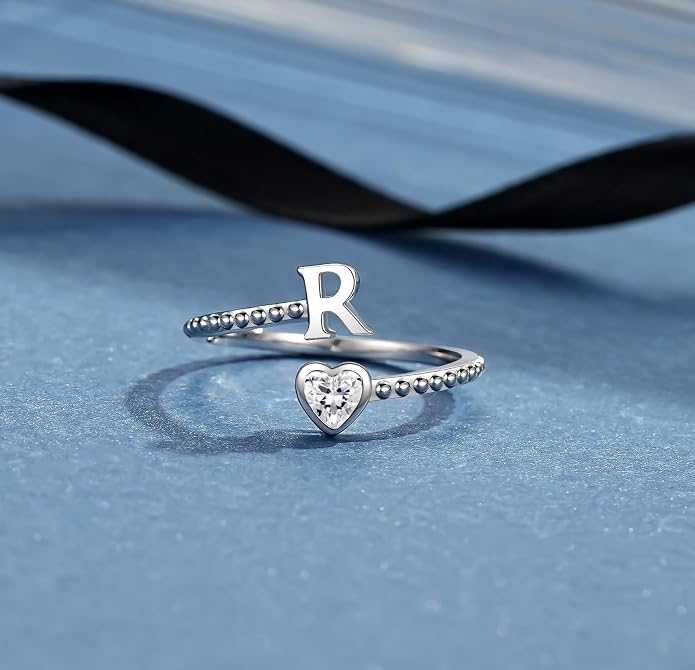 Step Forward 925 Sterling Silver Adjustable Initial Ring for Women | Non Tarnish Letter Rings for Lady | Alphabet Heart Thumb Rings | Capital Letter Jewelry Gifts
