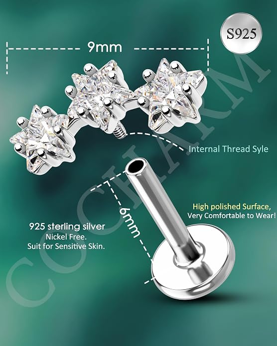 COCHARM 925 Sterling Silver Flat Cartilage Earrings Stud 16g 6mm 8mm 10mm Flat Back Helix Piercing Jewelry Star Tragus Earring Silver Climb Conch Jewelry Hypoallergenic Conch Earrings for Women Man