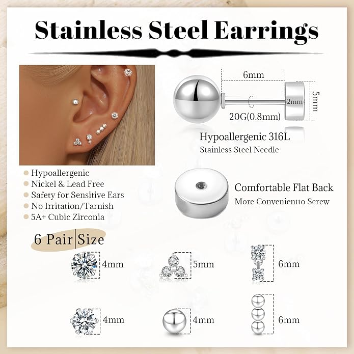 Senteria 6/8 Pairs Stainless Steel Stud Earrings for Women Hypoallergenic Flat Back Stud Earrings Tiny Stainless Steel Earring Small Cartilage Earring Set for Multiple Piercing