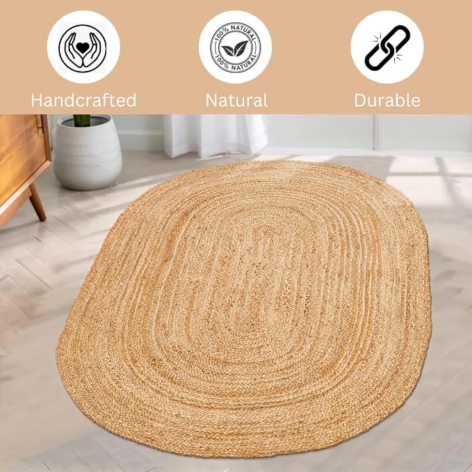 Handcrafted Jute Braided Rug 4x6 Feet Oval - 100% Natural Jute Area Rug - Rustic Farmhouse Boho Accent Rug for Living Room Bedroom Kitchen Entryway Reversible Handwoven Floor Rug