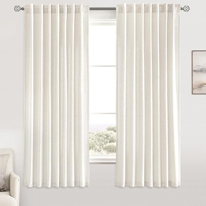 MIULEE Non-See-Through Privacy Linen Curtains 52W x 63L Inch Natural White | 2 Panels, Light Filtering, Semi Sheer Window Curtains, Farmhouse Textured, Back Tab Drapes for Bedroom Living Room