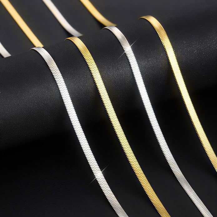 14K Gold/Silver Plated Stainless Steel Herringbone Necklace for Women, Dainty Snake Chain Choker, Trendy Simple Long Layered Jewelry, Non Tarnish 4mm Flexible Flat Necklace, Made in Italy