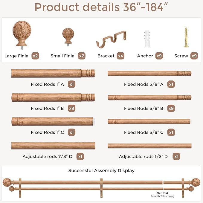 Boho Decorative Double Curtain Rods for Windows, 36-184 Inch, Wood | Handmade Wood Grain Leaf Finials, Heavy Duty Adjustable Exrta Long Rustic Metal Dual Rod, 40 lb Capacity, Easy to Install