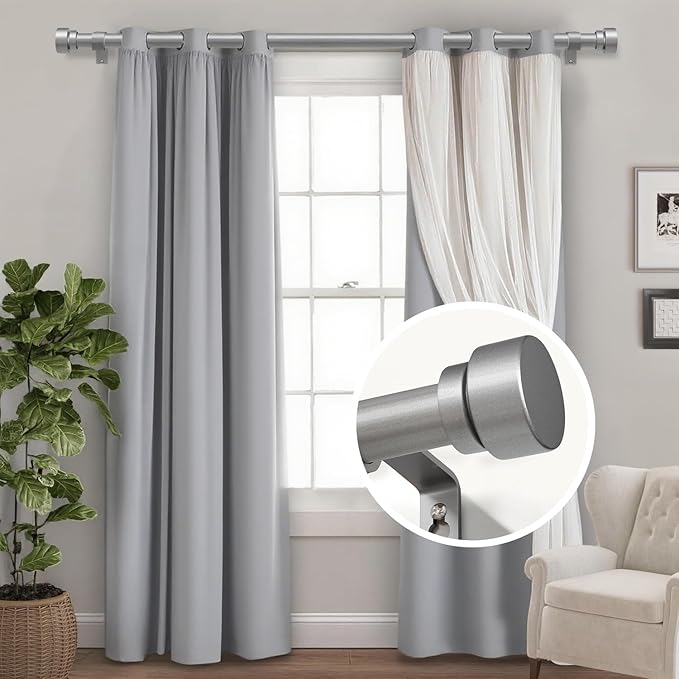 Lootkell Modern Silver Curtain Rods for Windows 28 to 48 Inches Adjustable Length Heavy Duty 1" Diameter Window Curtain Rod with Decorative Finials for Outdoor Bedroom Kitchen Living Room