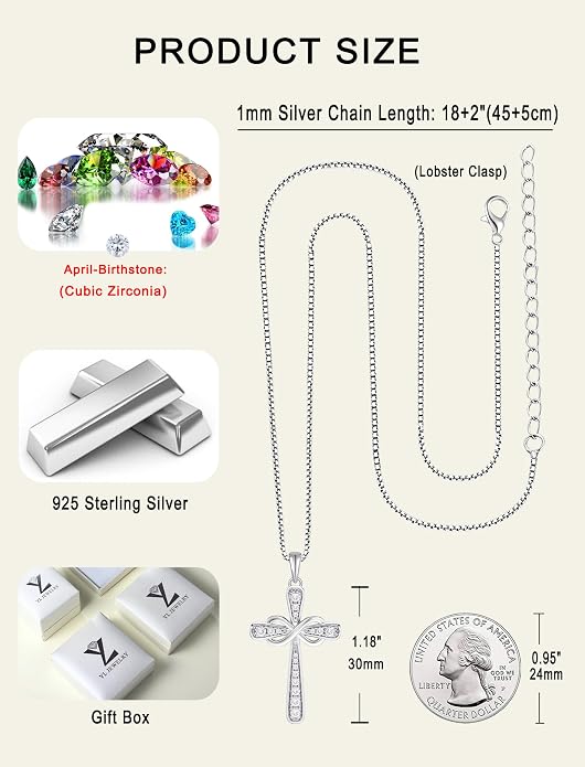 YL 925 Sterling Silver Cross Necklace for Women Halo Infinity Pendant Cubic Zirconia Jewelry for Mom