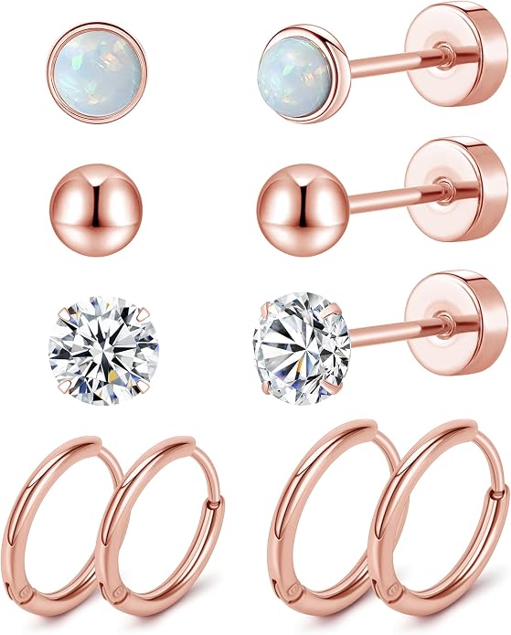 MJust Titanium Earrings for Sensitive Ears 20G Hypoallergenic Stud Hoop Earrings for Women Men Opal Ball CZ Heart Pearl Flat Back Earrings Cartilage Earrings Set