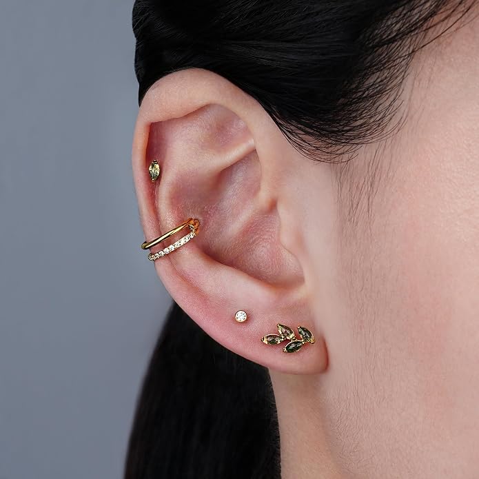 FINE4U 16G Moss Agate Body Piercing Jewelry for Helix Flat Tragus Lobe 16G 6mm 8mm - ASTM F136 Titanium Screw on Flat Back Stud, Hypoallergenic Cartilage Earring