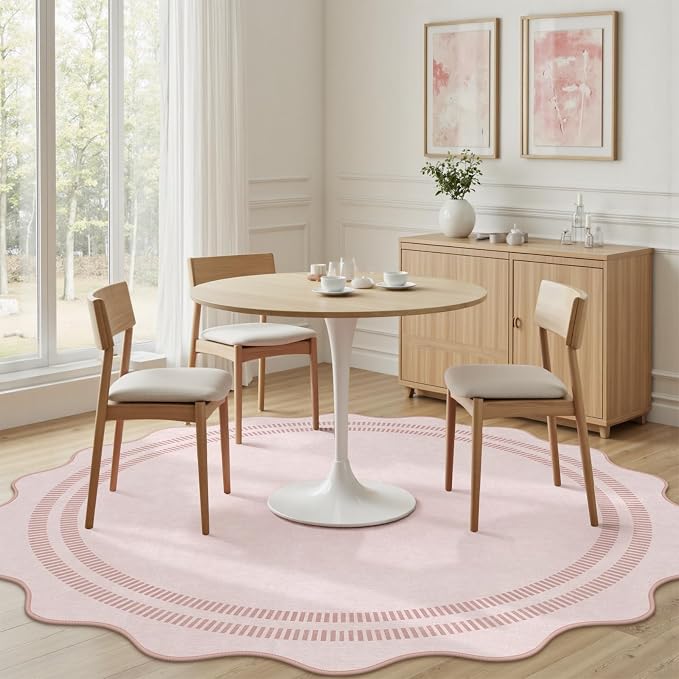 Washable 6ft Area Rugs for Living Room, Solid Pink Non Slip Rugs for Bedroom Girls, Stain Resistant Scalloped Soft Carpet for Nursery Dorm Dining Room