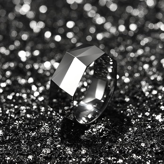 THREE KEYS JEWELRY 2mm 8mm Silver Tungsten Carbide Wedding Band for Men Women, Basic Hammered Multi-Faceted Polished Finish Stackable Engagement Ring Comfort Fit