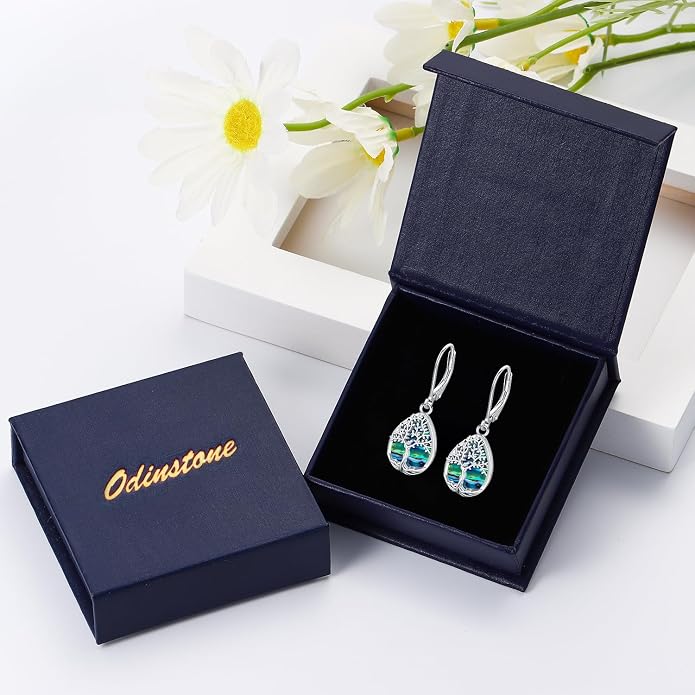 Odinstone 925 Sterling Silver Earrings Tree of Life Teardrop Moonstone Dangle Drop Leverback Earrings for Women