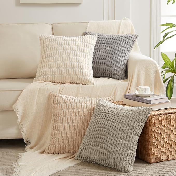 Fancy Homi 4 Packs Decorative Throw Pillow Covers for Living Room Couch Bed, Modern Farmhouse Boho Home Décor Accent Cushion Case, 18" x 18", Tan