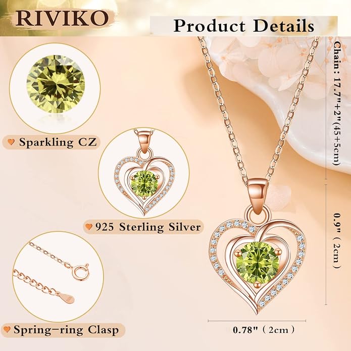 RIVIKO Heart Birthstone Pendant Necklace for Women 925 Sterling Silver Zirconia Necklaces Valentine's Day Anniversary Birthday Mothers Day Jewelry Gifts For Her Mother Wife