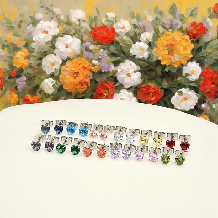 12 Pairs Surgical Stainless Steel Stud Earring Round Heart Star Square Cubic Zirconia Birthstone Stud Earrings Set for Women