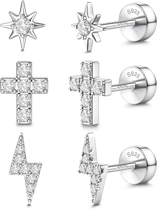 14K Gold Plated Solid 925 Sterling Silver Post Flat Back Earrings Stud | Cartilage Helix Conch Tragus Piercing Jewelry 3 Pairs Tiny Screw Dainty CZ Opal Earring Set Men Women