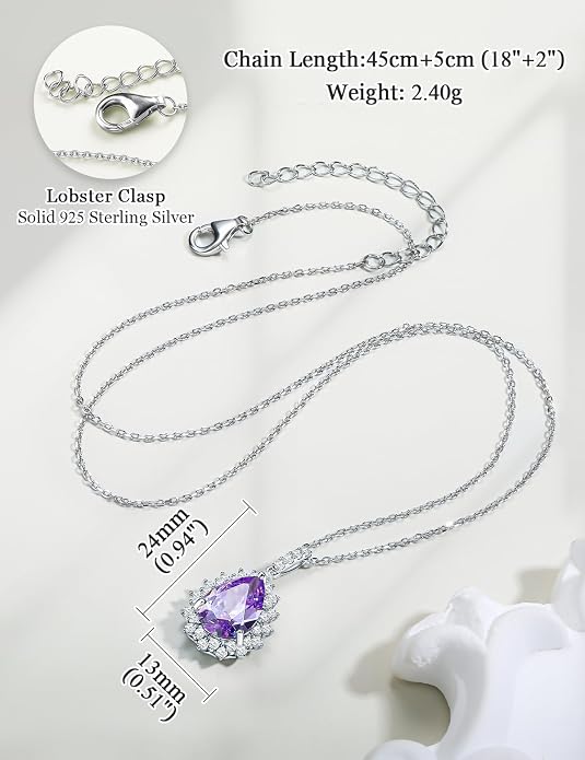 925 Sterling Silver Teardrop Necklace for Women Huge Created Gemstone Solitaire Halo Pendant Pear Cut Birthstone Necklace