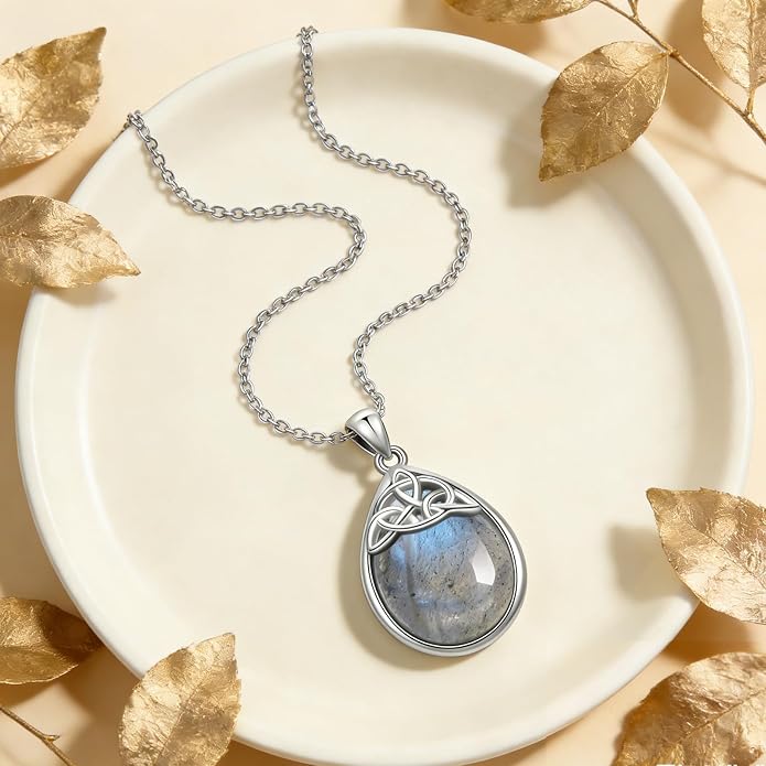 PELOVNY Celtic Knot Necklaces for Women 925 Sterling Silver Gemstone/Birthstone Teardrop Infinity Necklace Irish Celtic Pendant Jewelry Gifts for Mom Daughter Wife