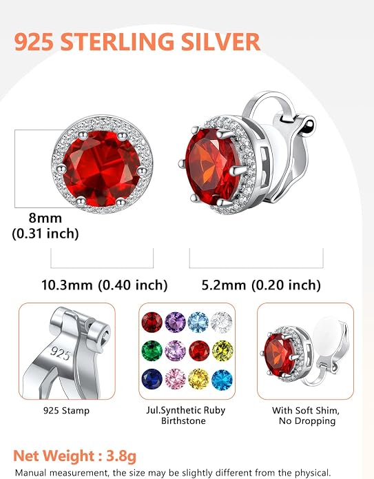 Silvora 925 Silver 8MM Cubic Zirconia Birthstone Clip On Stud Earrings Round Non Pierced Earrings For Women,Come with Box