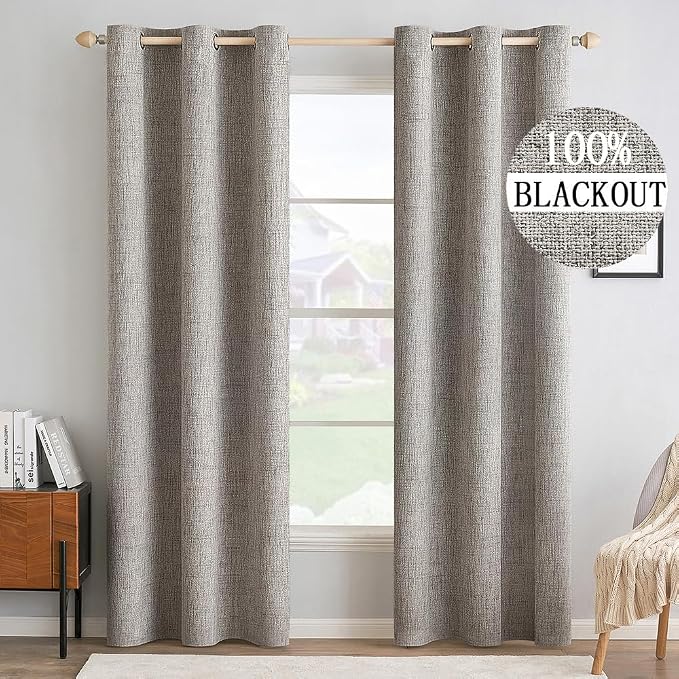 MIULEE 100% Blackout Linen Textured Curtains for Bedroom Solid Thermal Insulated Warm Taupe Grommet Room Darkening Curtains & Drapes Luxury Decor for Living Room 42 x 90 Inch (2 Panels)