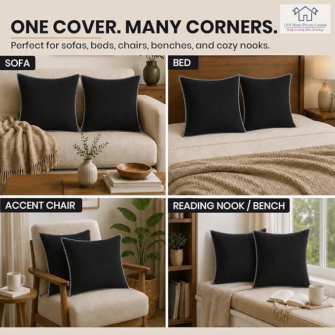 LFH Home Black Cotton Rich Throw Pillow Covers 18x18 Set of 2, Decorative Cushion Covers with Blanket Stitch Edge, Farmhouse Accent Pillow Cases for Sofa Couch Bed Living Room, 18 x 18 Inch
