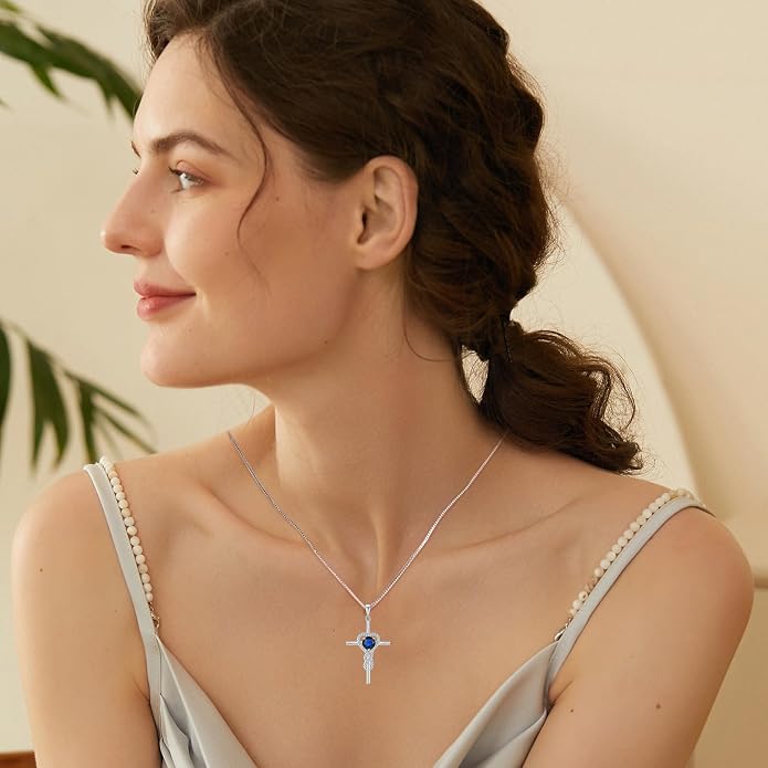 Cross Necklace for Women 925 Sterling Silver Infinity Birthstone Pendant Necklace Religious Christian Jewelry Gifts Wife Mom Her
