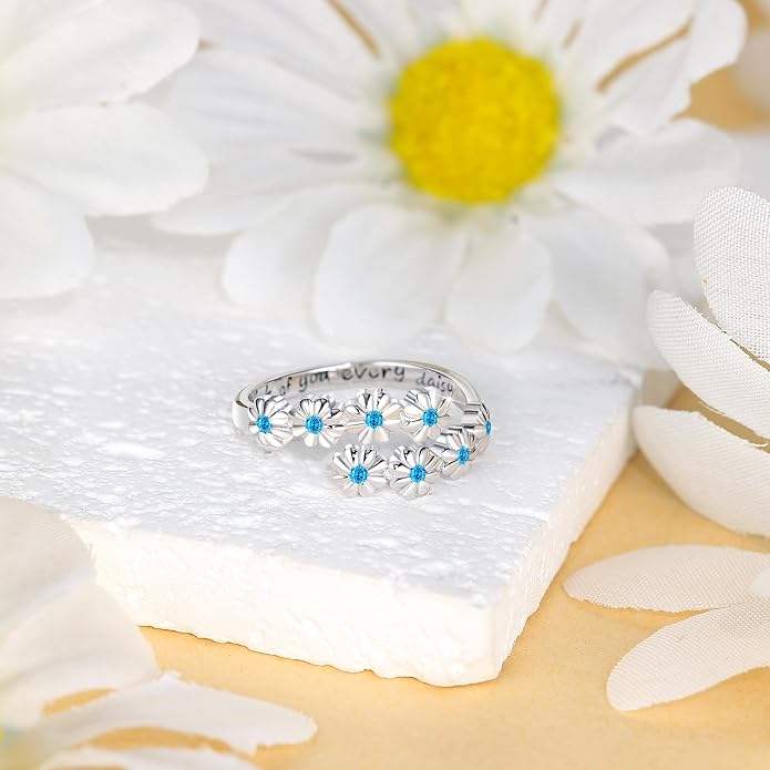 Dainty Daisy Ring for Women, S925 Sterling Silver Cubic Zirconia Sunflower Flower Ring For Daughter, I Think Of You Every Daisy Ring, Birthstone Flower Ring