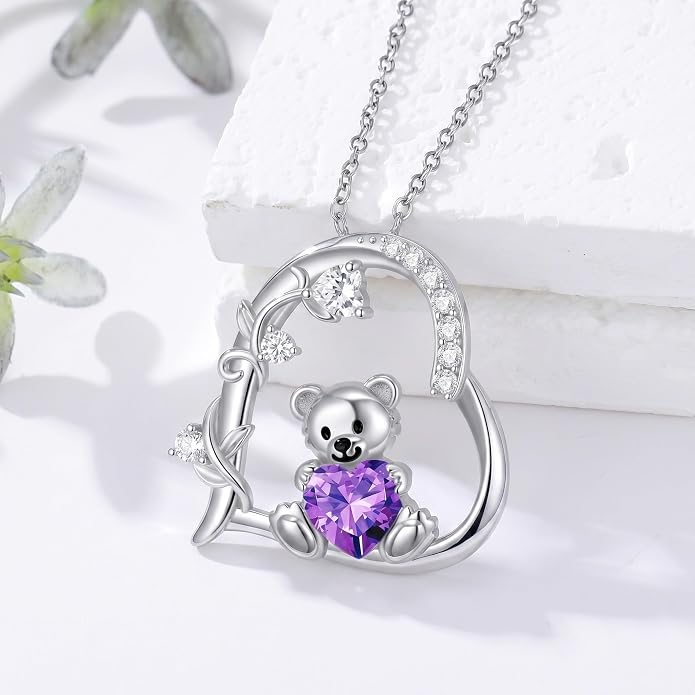 PELOVNY Teddy Bear Necklace for Women 925 Sterling Silver Bear/Highland Cow/Fox/Cat/Axolotl Birthstone Necklace Christmas Birthday Jewelry Gifts for Mom Daughter Wife Sister