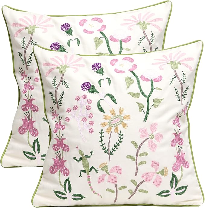 Set of 2 Embroidered Decorative Throw Pillow Covers Couch Square Pillowcases Cushion for Bedroom Sofa Farmhouse Decor 18x18 Inch (Gecko Flower)