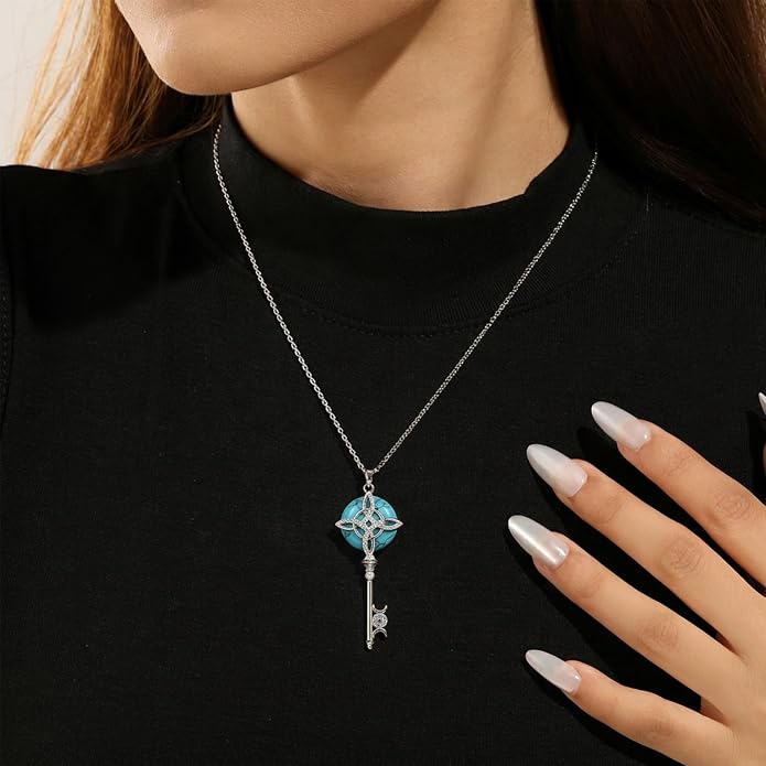 Natural Moonstone Crystal Key Necklace for Women, Retro Triple Moon Key Healing Crystal Wiccan Pagan Jewelry Gift