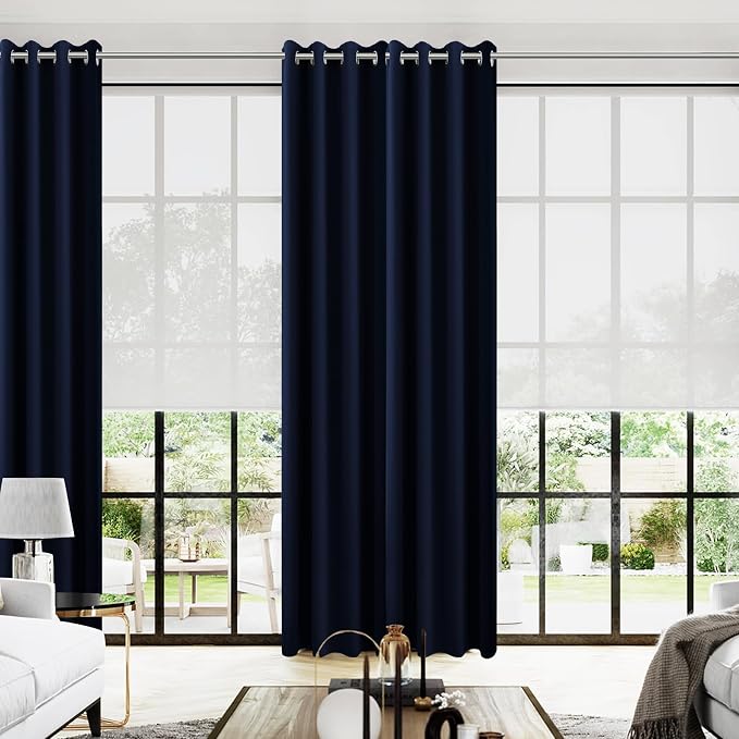 KOUFALL Navy Blue Drapes 96 Inch Long 2 Panels Window Treatments Curtains,Blackout Grommet Room Darkening Thermal Microfiber Silk Curtains for Living Room,Dark Indigo