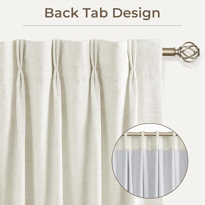 CAPALOCA Pinch Pleated Blackout Curtains 96 Inches Long, Linen Blend, 100% Blackout Drapes with 20 Hooks, Ideal for Bedroom and Living Room, 40" W x 96" L (Pack of 2), Natural Linen