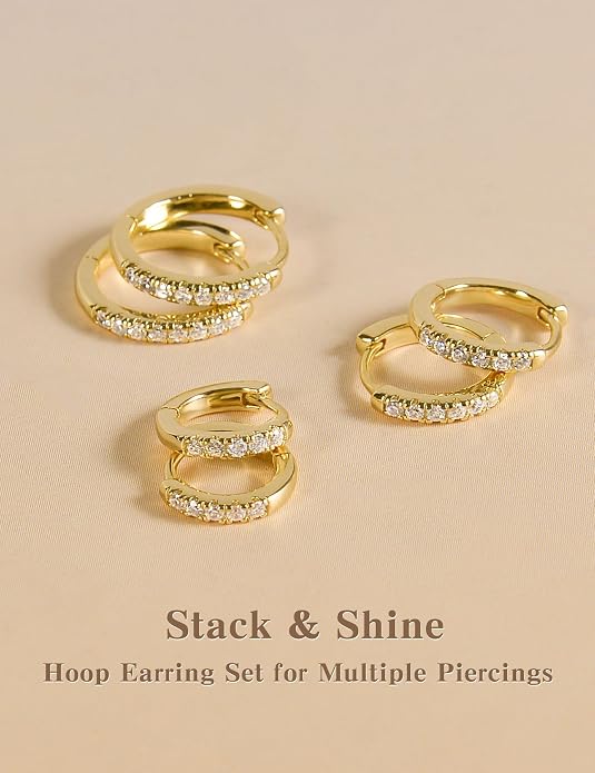3 Pairs Small Huggie Hoop Moissanite Earrings for Women Men, Hypoallergenic 925 Sterling Silver Cartilage Earrings, Gifts Jewelry Set