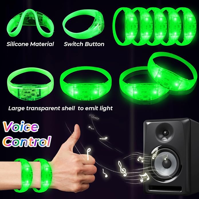 24 Pack Light UP Bracelets Sound Activated Flashing Wristbands Music Control Glow in the Dark Bracelets for Rave Game Prizes Carnival Concerts Night Events Mardi Gras Party Favors