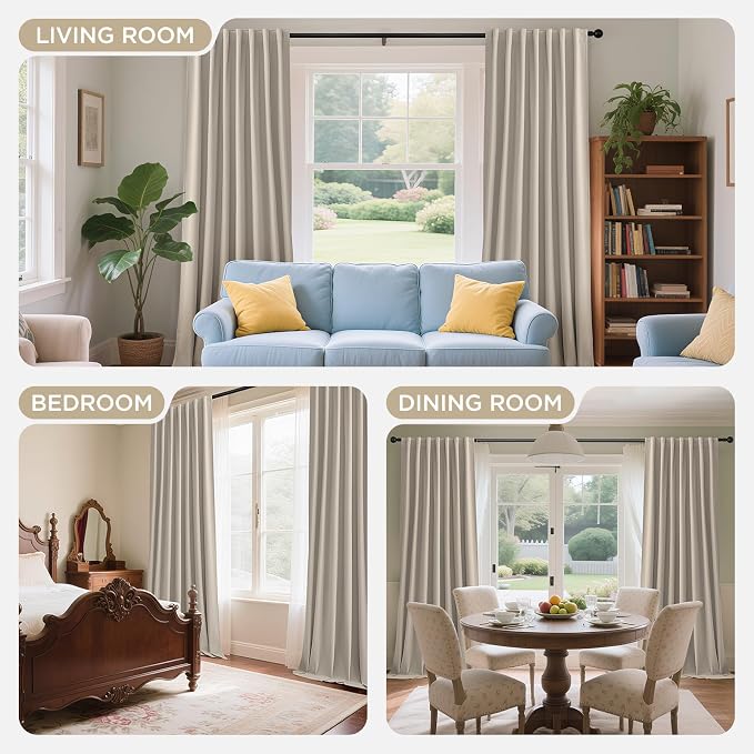 Joydeco 100% Blackout Velvet Curtains Light Beige 102 Inch Back Tab | Luxury Thermal Insulated Velvet Curtains for Bedroom Living Room, Soundproof Blackout Window Drapes