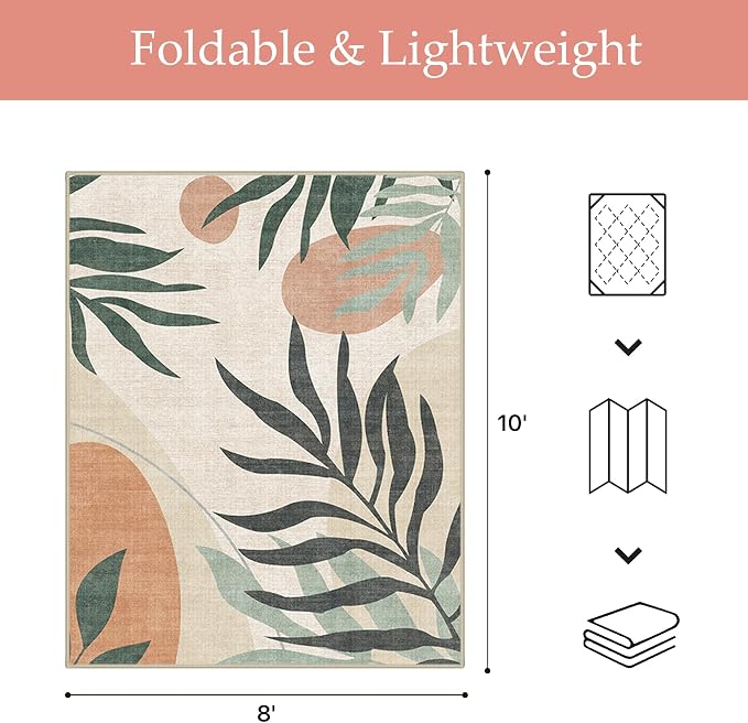 GENIMO 8x10 Outdoor Rug, Washable Quick Dry for Patio, Beige Olive | Botanical leaf design for backyard; fade resistant chenille with quick-dry non-slip backing for indoor living rooms.