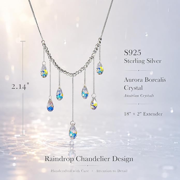 925 Sterling Silver Handmade Crystals Rain Drop Tassel layered Pendant Boho necklace statement Chandelier shape Lobster Clasp Length Choker 18"+2" Ideal Gift for Women Ladies Dress accessories.