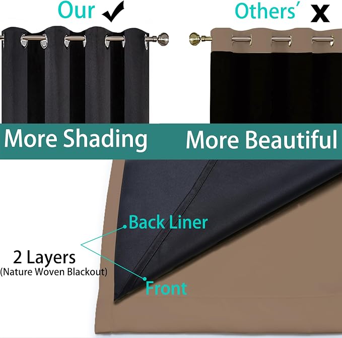 Yakamok Khaki Blackout Curtains 96 Inches Long for Bedroom 52" Wide 2 Panel | Blackout Curtain Panels for Bedroom, 2 Thick Layers Grommet Top Thermal Insulated Drapes with Black Liner for Living Room
