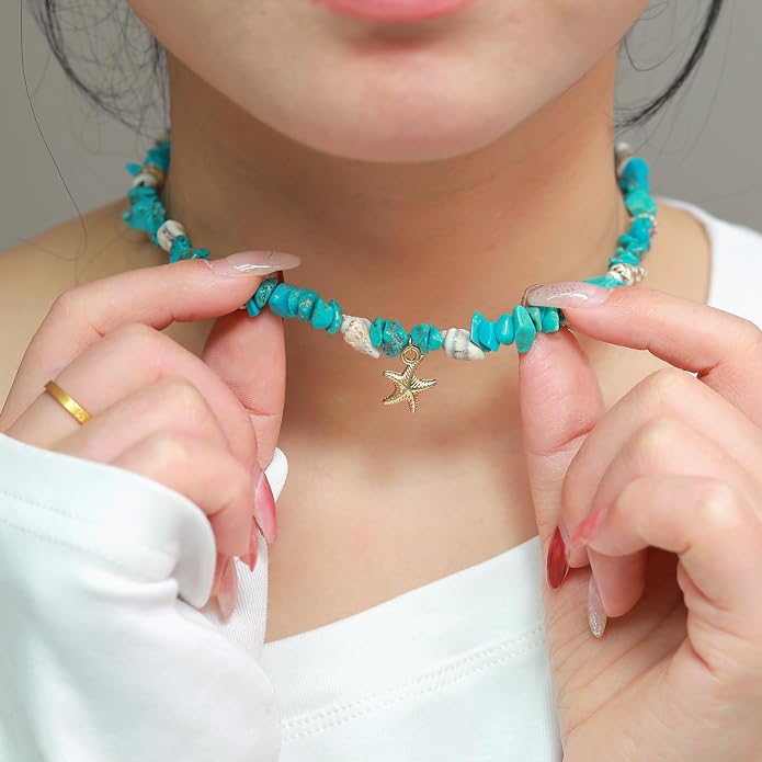 14K Gold Plated Paper Clip Chain Link Necklace Satellite Cross Key Starfish Turquoise Heart Necklace for Women